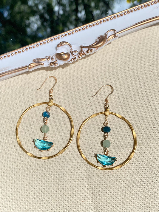 Sky Ocean Blue gold hoop earrings