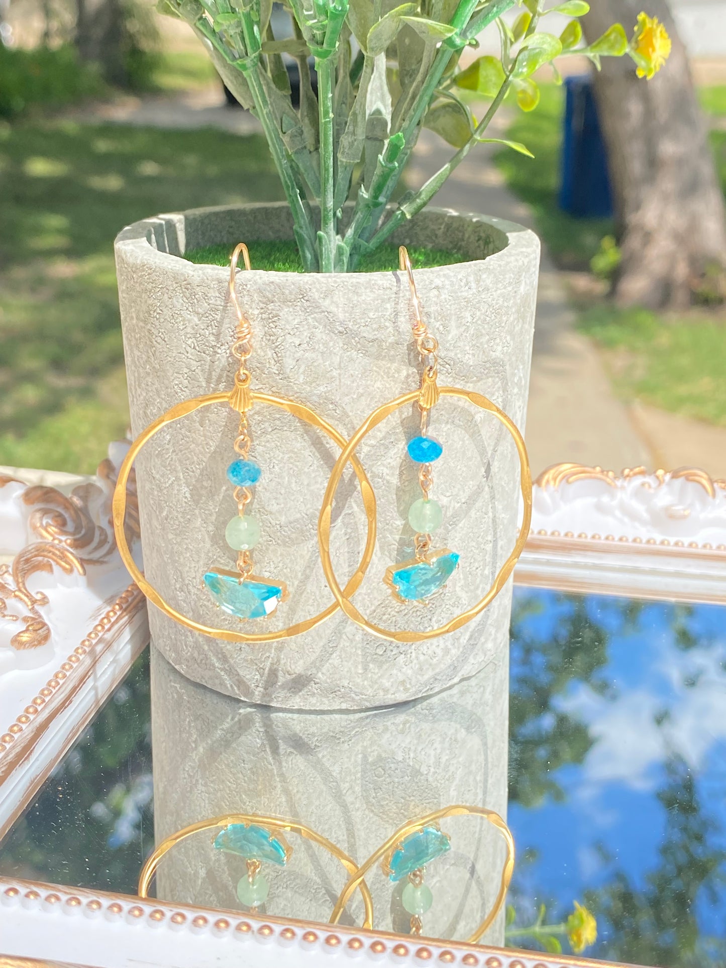 Sky Ocean Blue gold hoop earrings