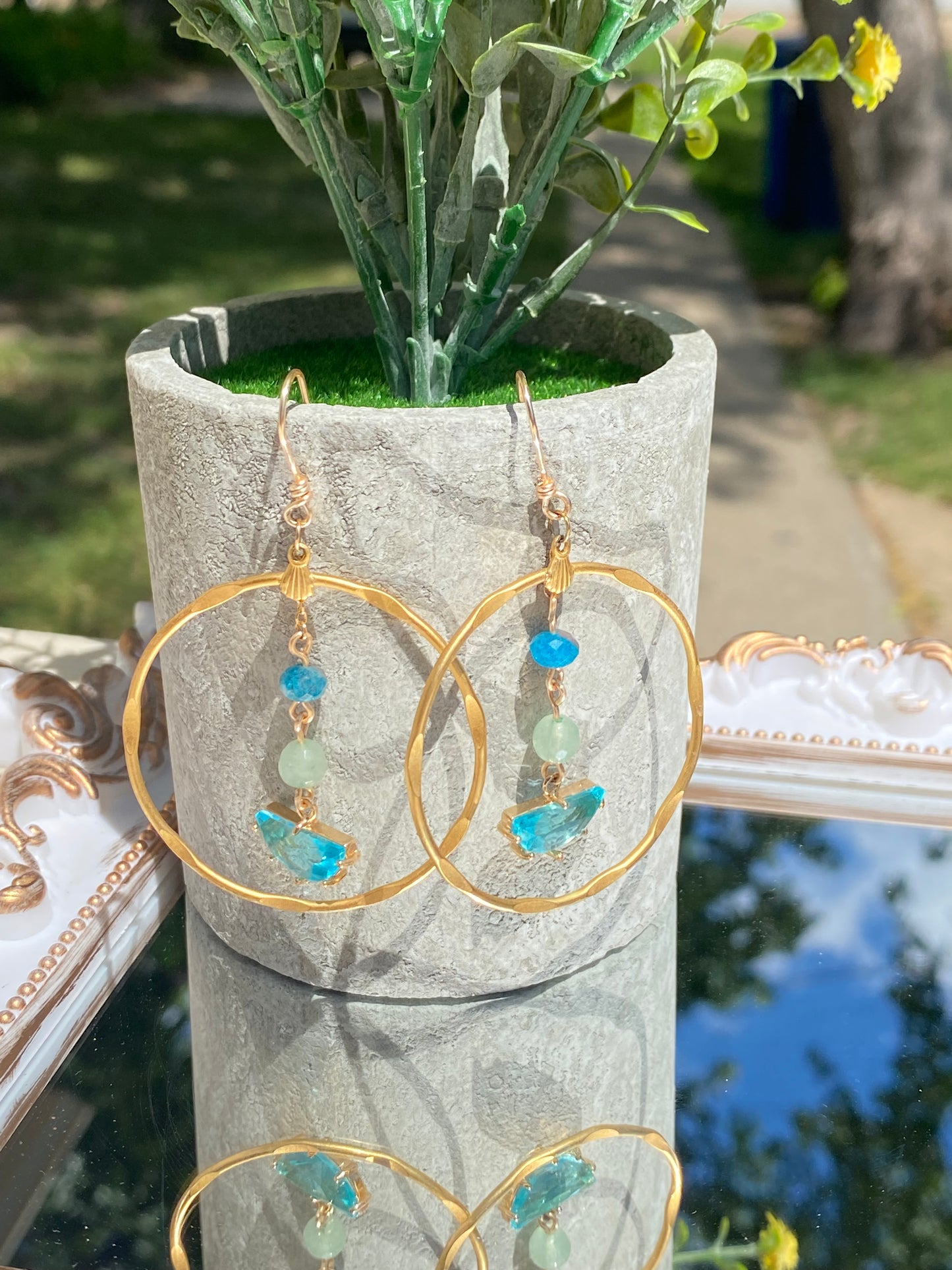 Sky Ocean Blue gold hoop earrings