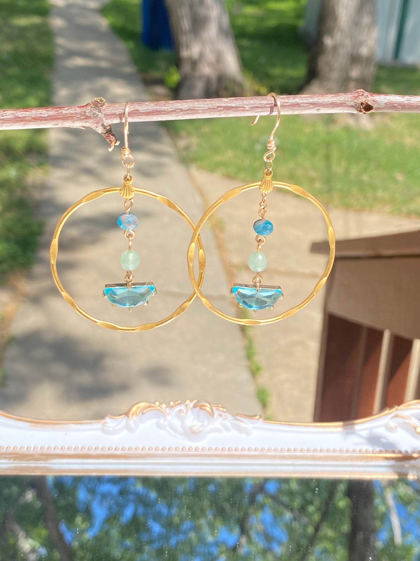 Sky Ocean Blue gold hoop earrings