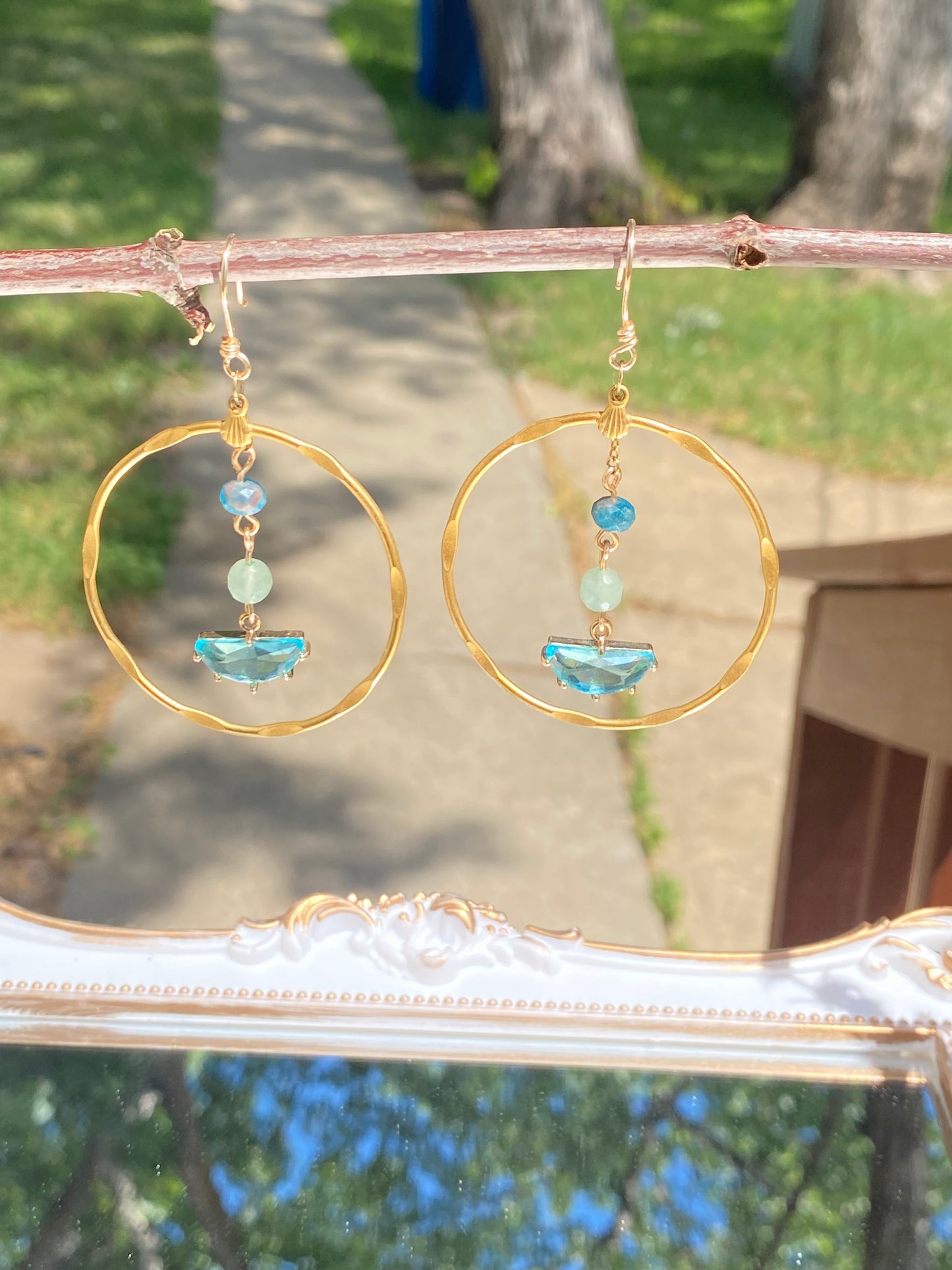 Sky Ocean Blue gold hoop earrings