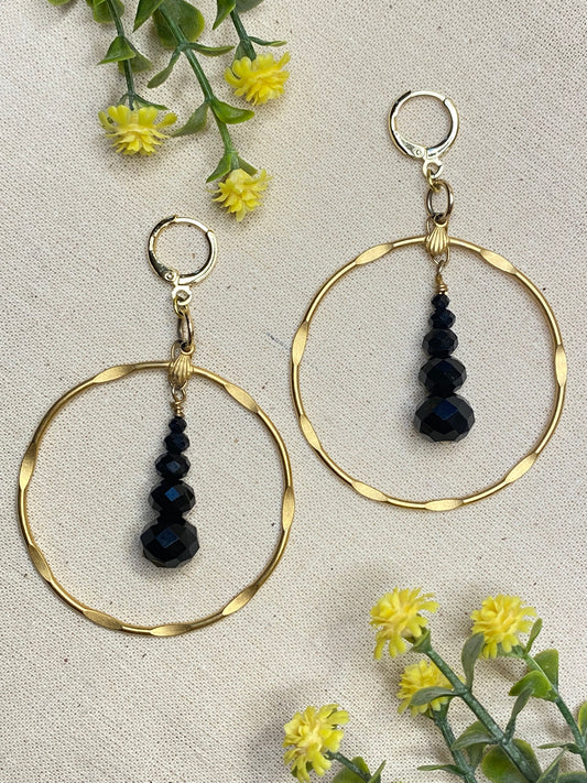 Black Stone and Gold Hoop earrings