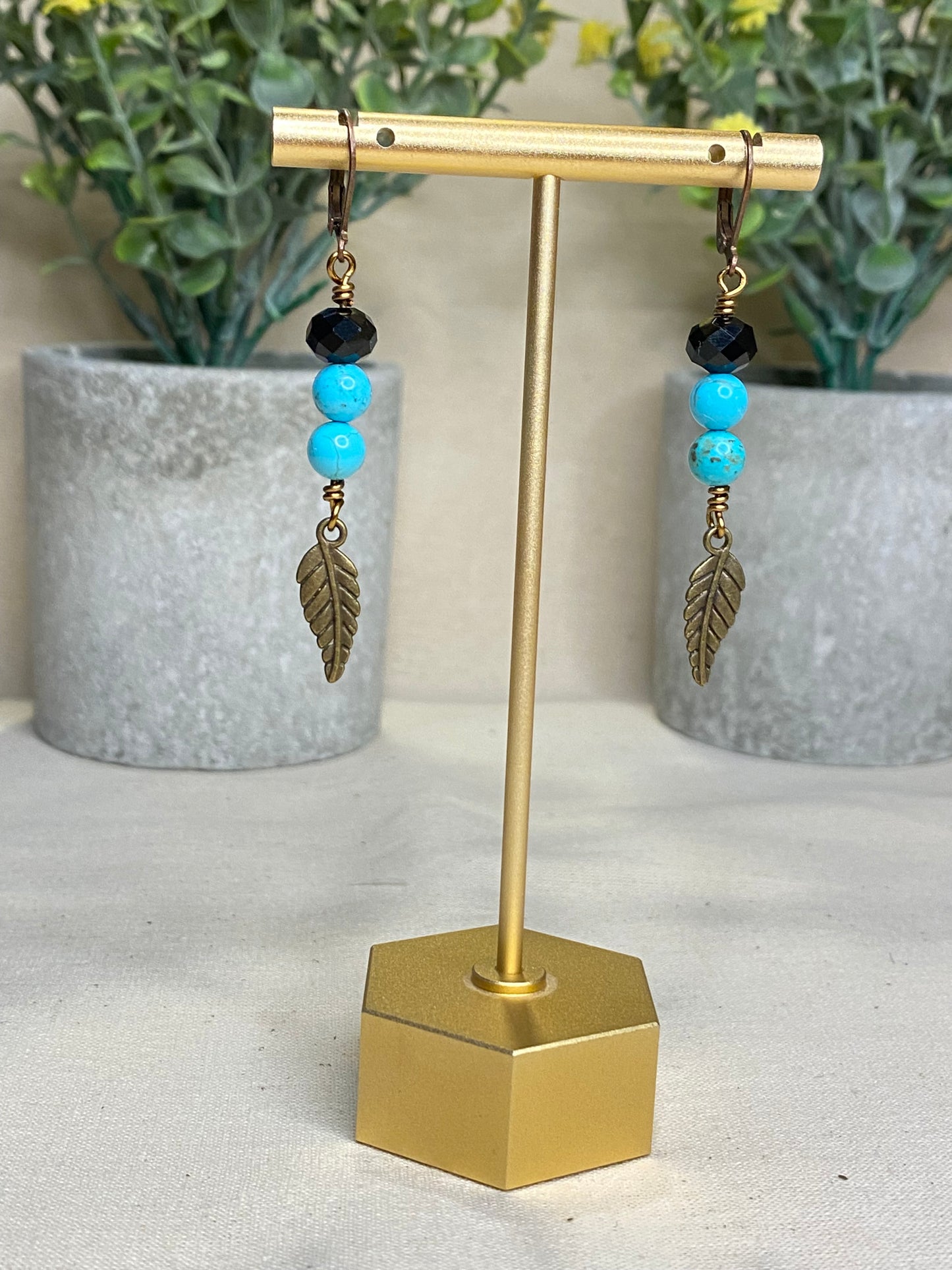 Turquoise and Black Stone Leaf bronze earrings