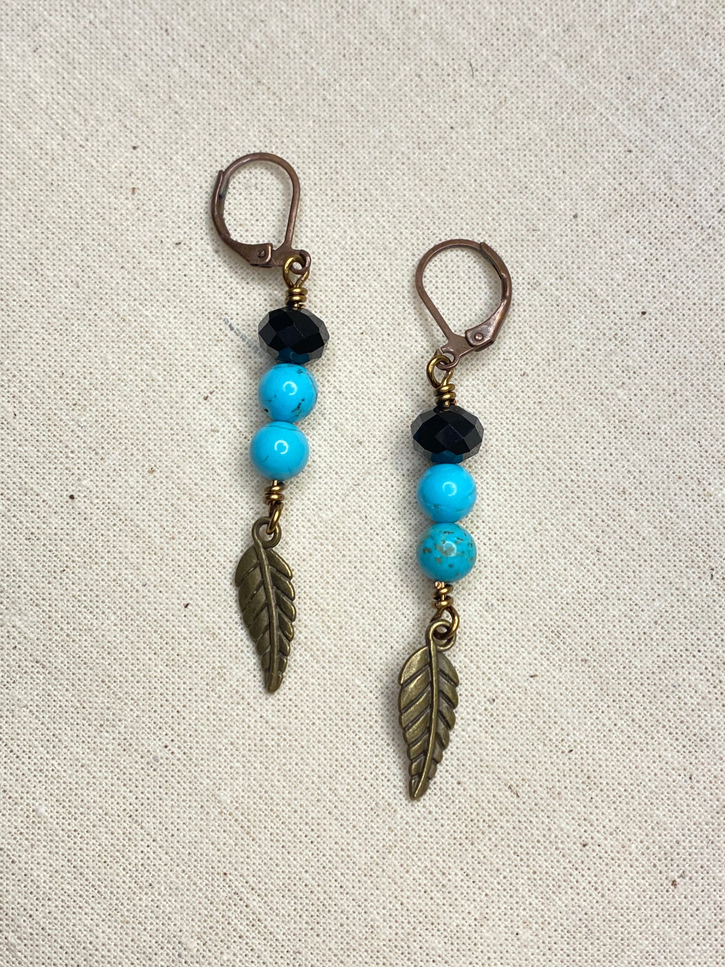 Turquoise and Black Stone Leaf bronze earrings