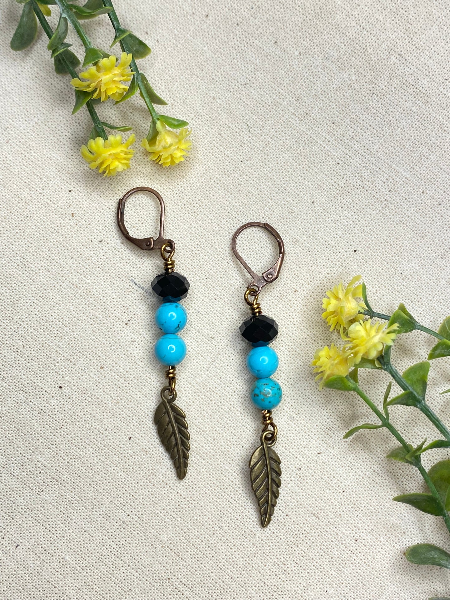 Turquoise and Black Stone Leaf bronze earrings