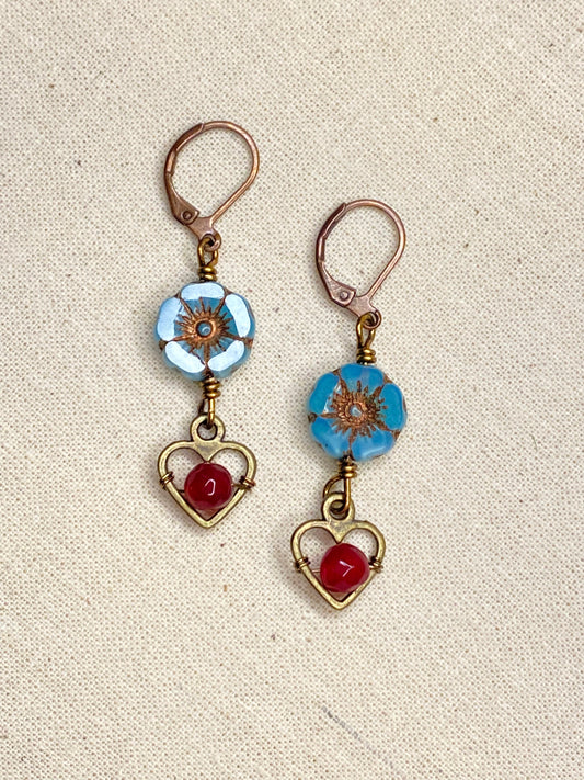 Blue Flower & Jade Heart bronze earrings