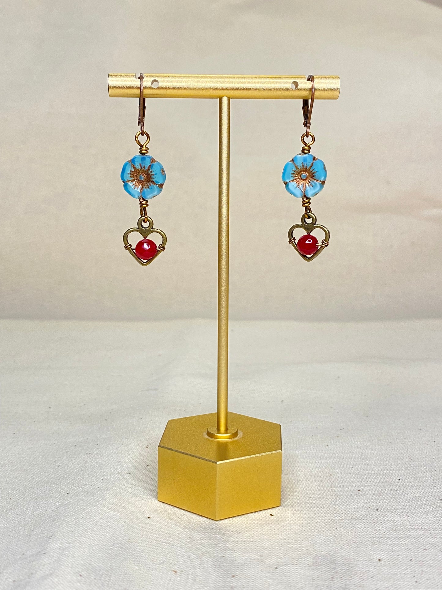 Blue Flower & Jade Heart bronze earrings